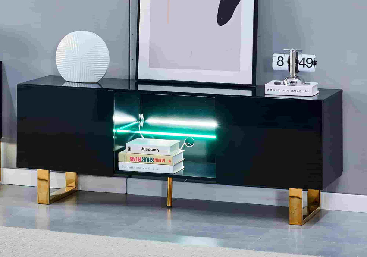 Meuble tv design noir laqué avec pieds dorés | Zumi