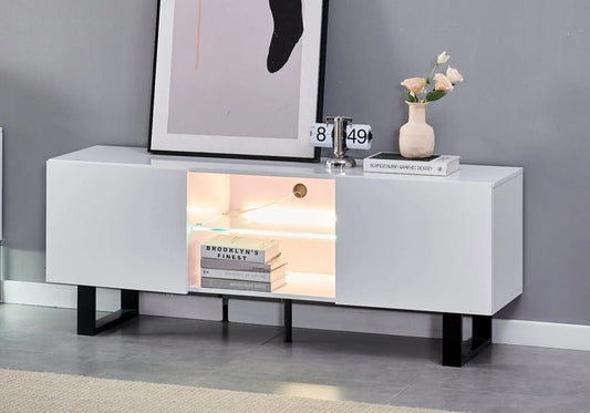 Meuble tv design laqué blanc brillant avec led | Zumi