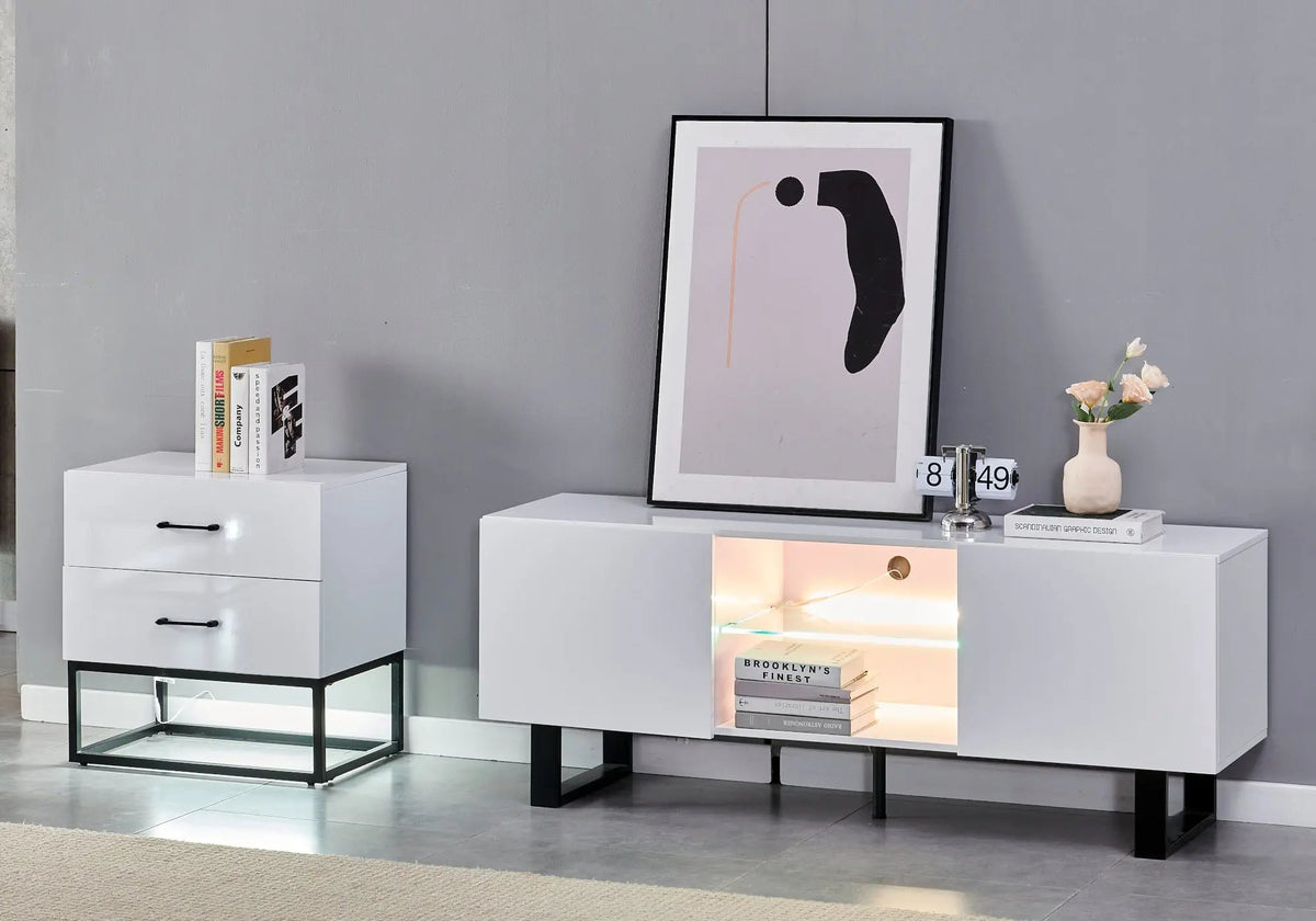 Meuble tv design laqué blanc brillant avec led | Zumi