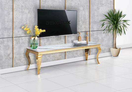 Meuble tv design marbre blanc et acier doré 160 cm | Halo
