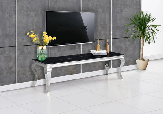 Meuble tv design marbre noir et métal argent | Halo