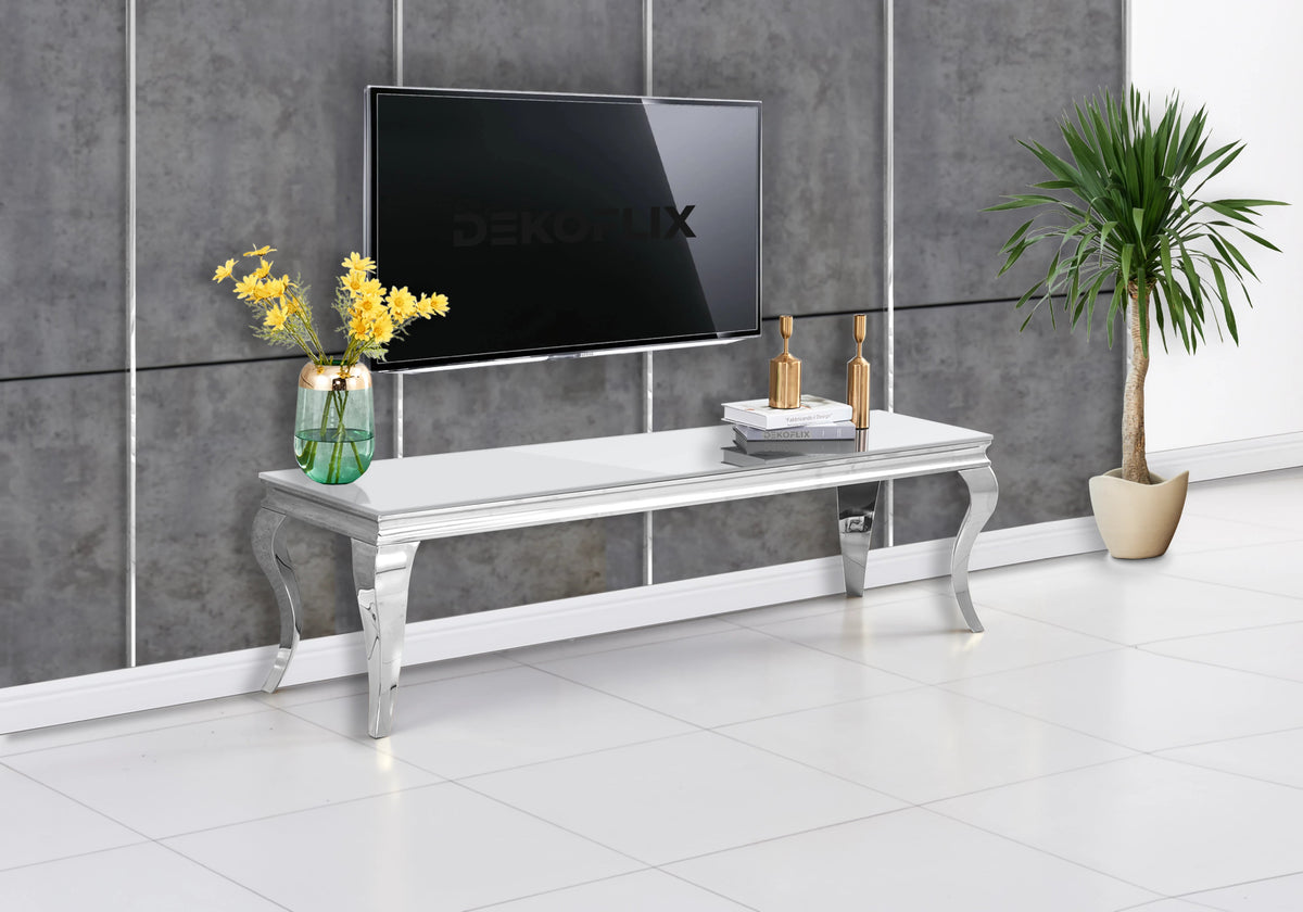 Meuble tv design verre blanc et métal argenté | Halo