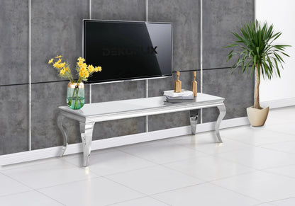 Meuble tv design verre blanc et métal argenté | Halo