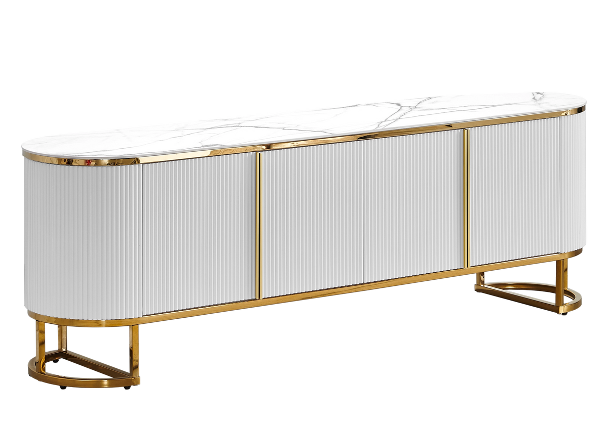 Meuble tv ovale cannelé marbre blanc et doré | Luma