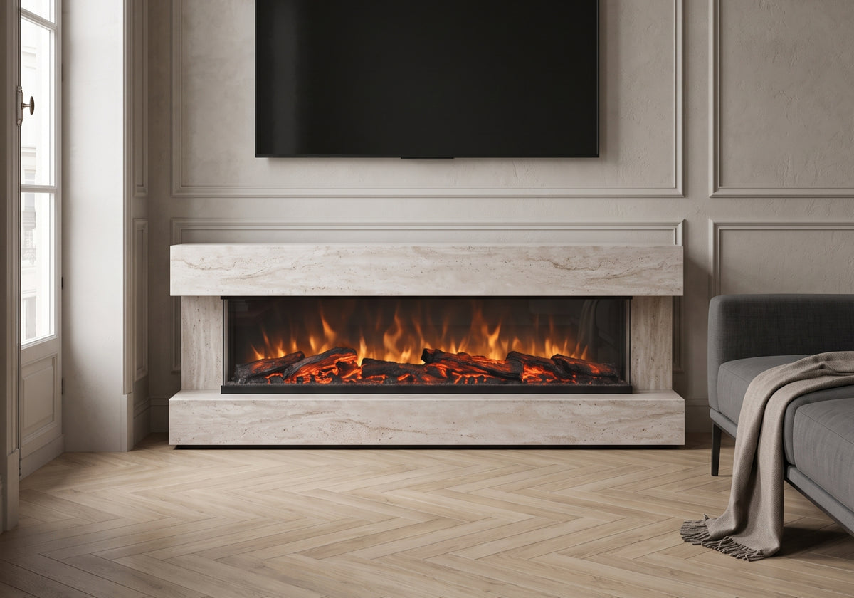 meuble tv cheminee electrique effet travertin axis - Vue 3 - KOORIS