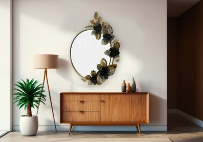 Miroir mural rond cadre floral métal doré et noir | Vexis