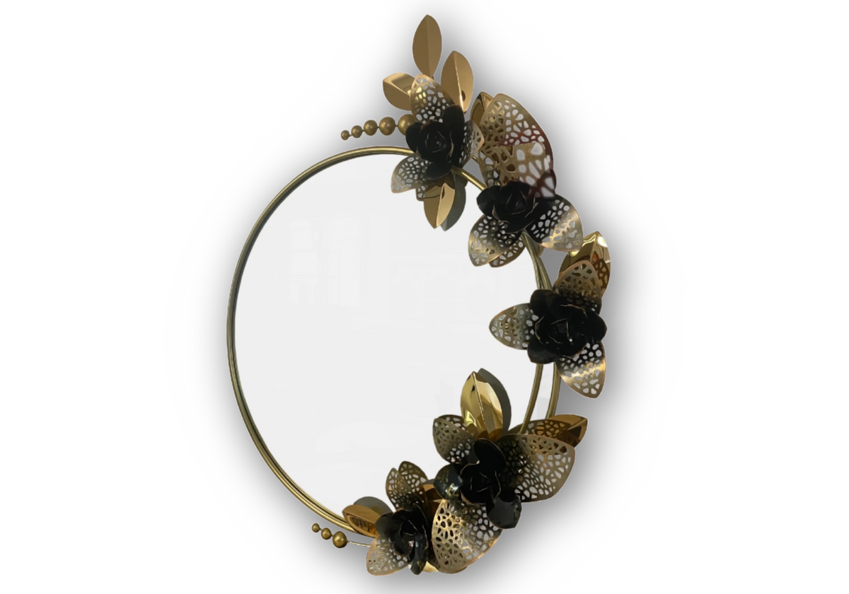 Miroir mural rond cadre floral métal doré et noir | Vexis