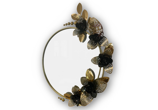 Miroir mural rond cadre floral métal doré et noir | Vexis