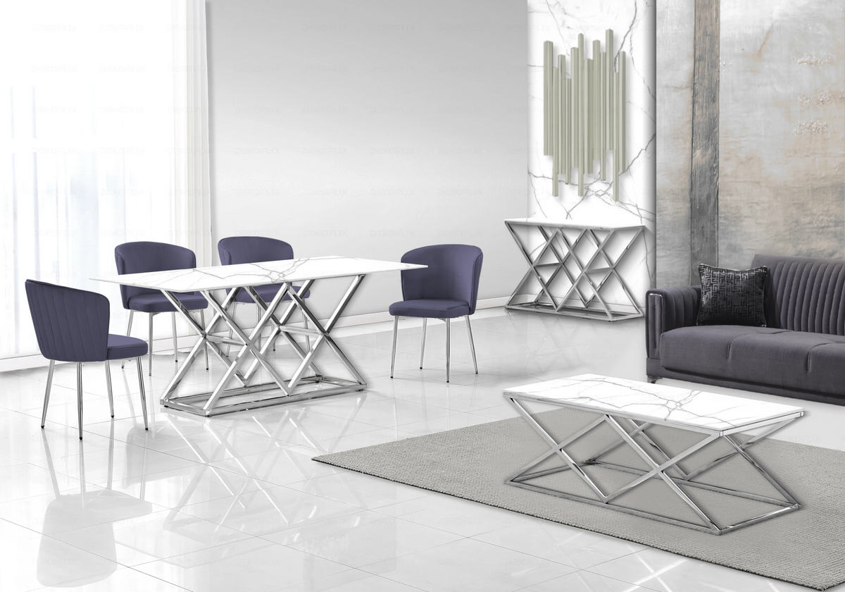 Salle à manger complète marbre blanc et argent | Vexta