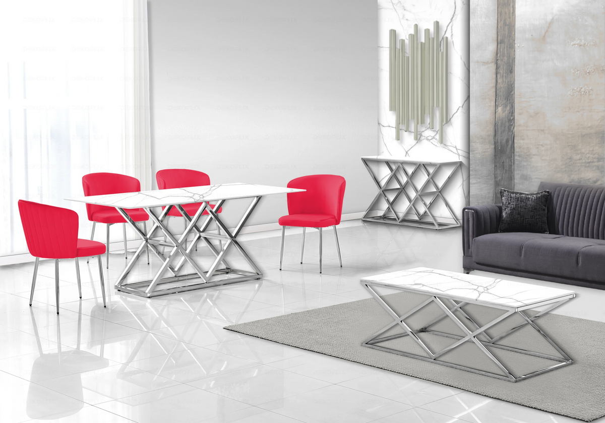 Salle à manger complète marbre blanc et argent | Vexta