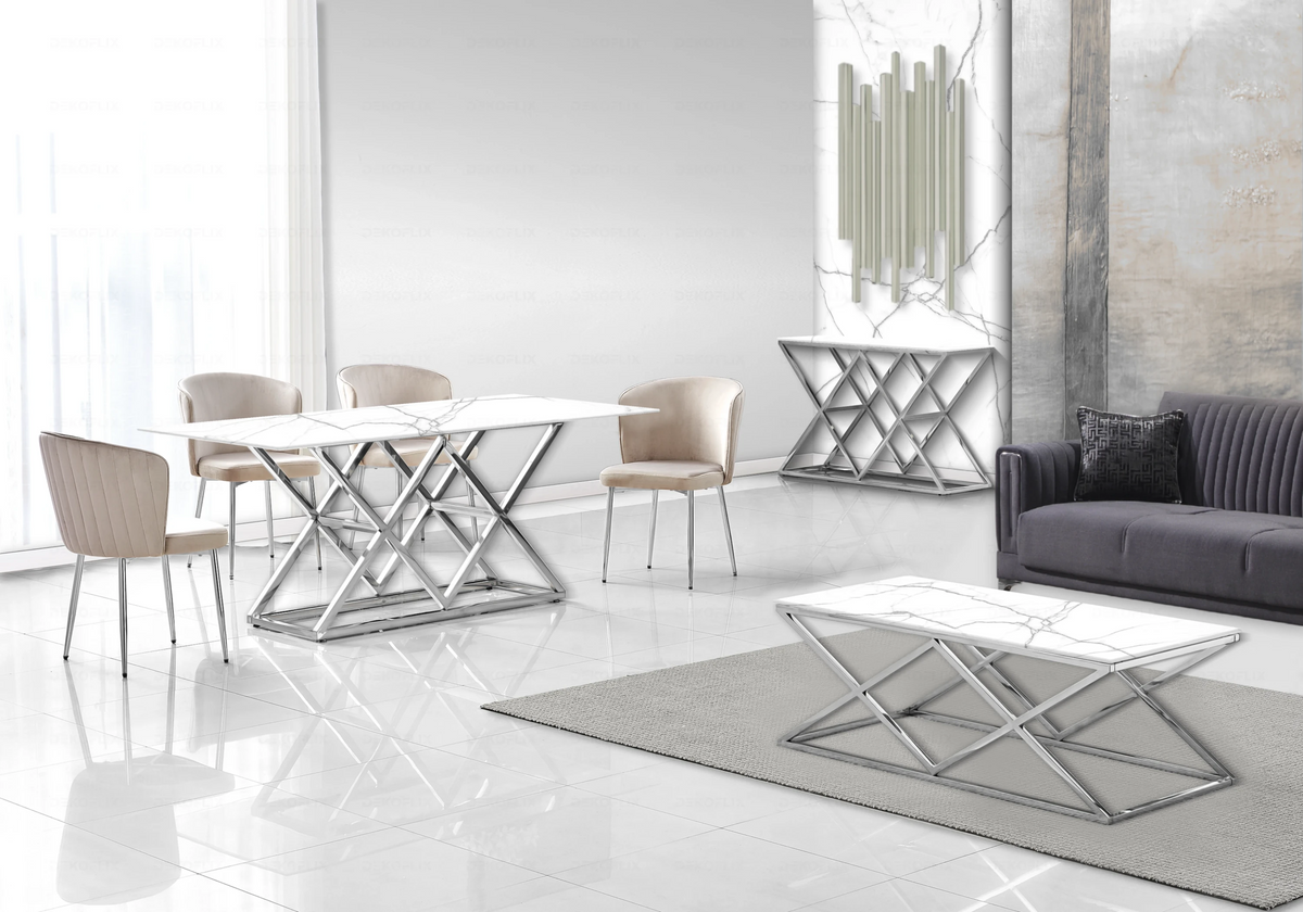 Salle à manger complète marbre blanc et argent | Vexta
