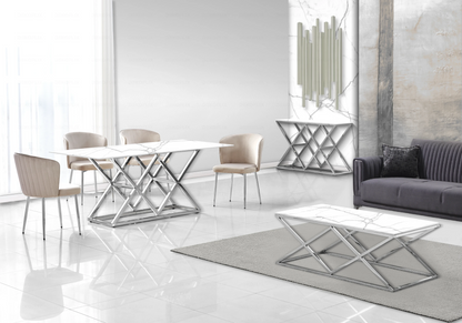 Salle à manger complète marbre blanc et argent | Vexta