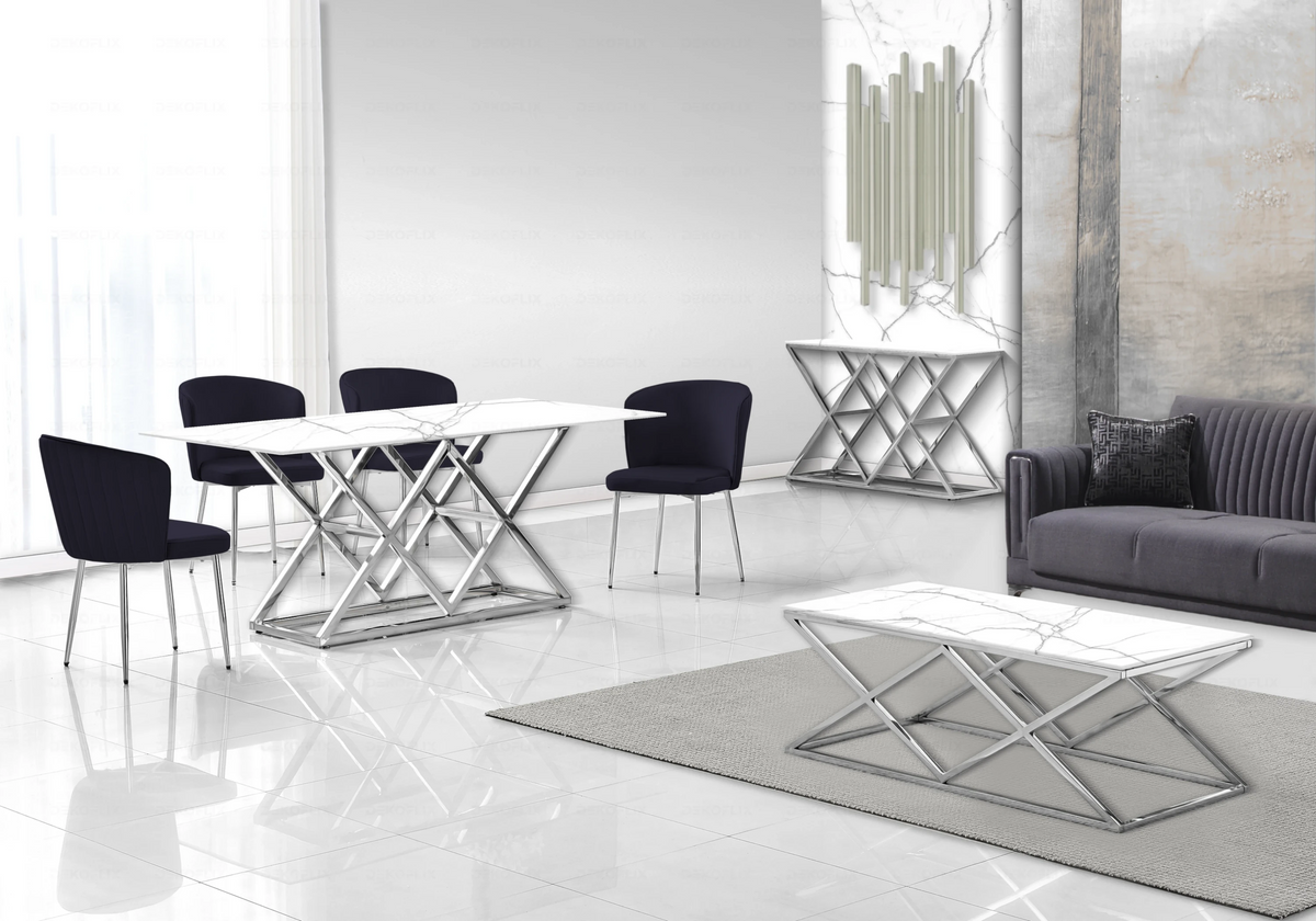 Salle à manger complète marbre blanc et argent | Vexta