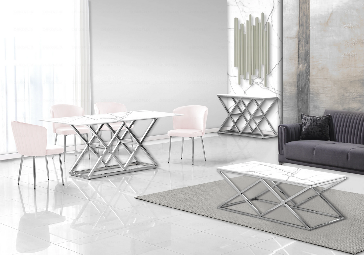 Salle à manger complète marbre blanc et argent | Vexta