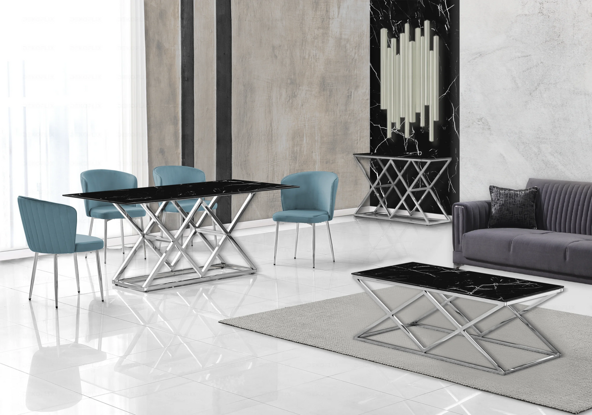 Salle à manger complète marbre noir et argent | Vexta