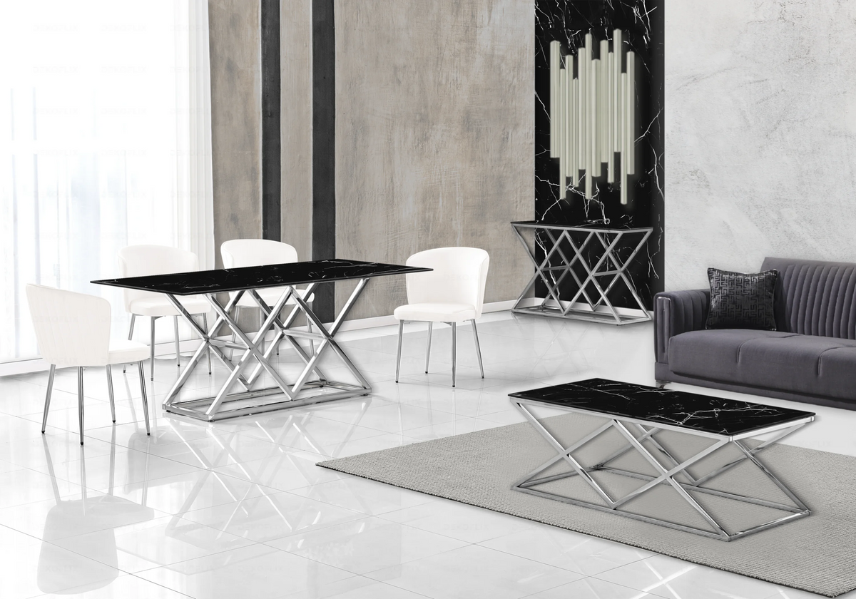 Salle à manger complète marbre noir et argent | Vexta