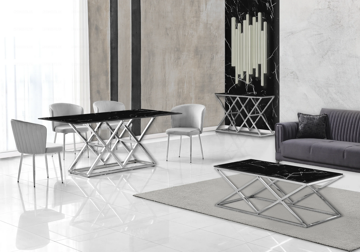 Salle à manger complète marbre noir et argent | Vexta