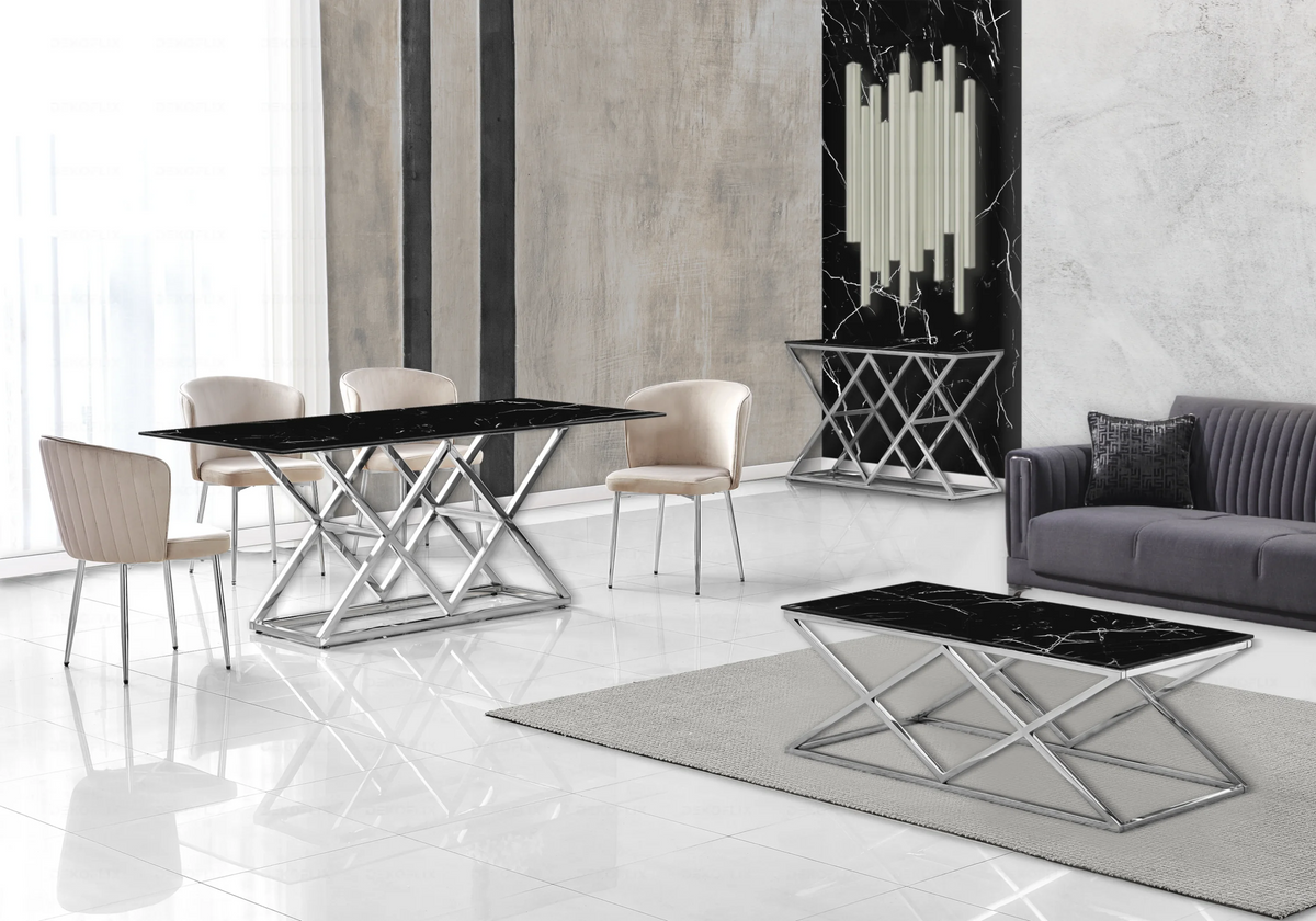 Salle à manger complète marbre noir et argent | Vexta