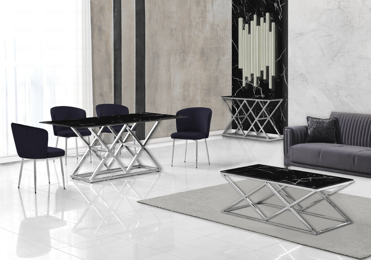 Salle à manger complète marbre noir et argent | Vexta