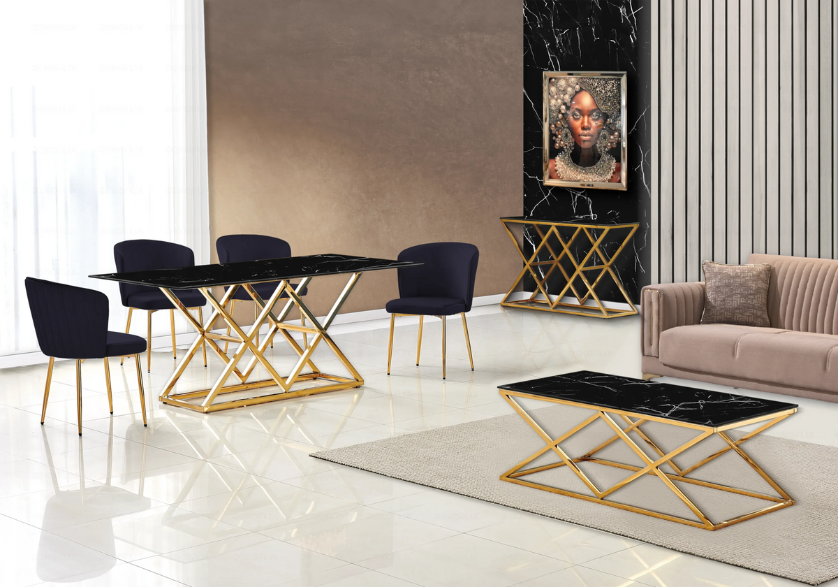Salle à manger complète marbre noir et doré | Vexta