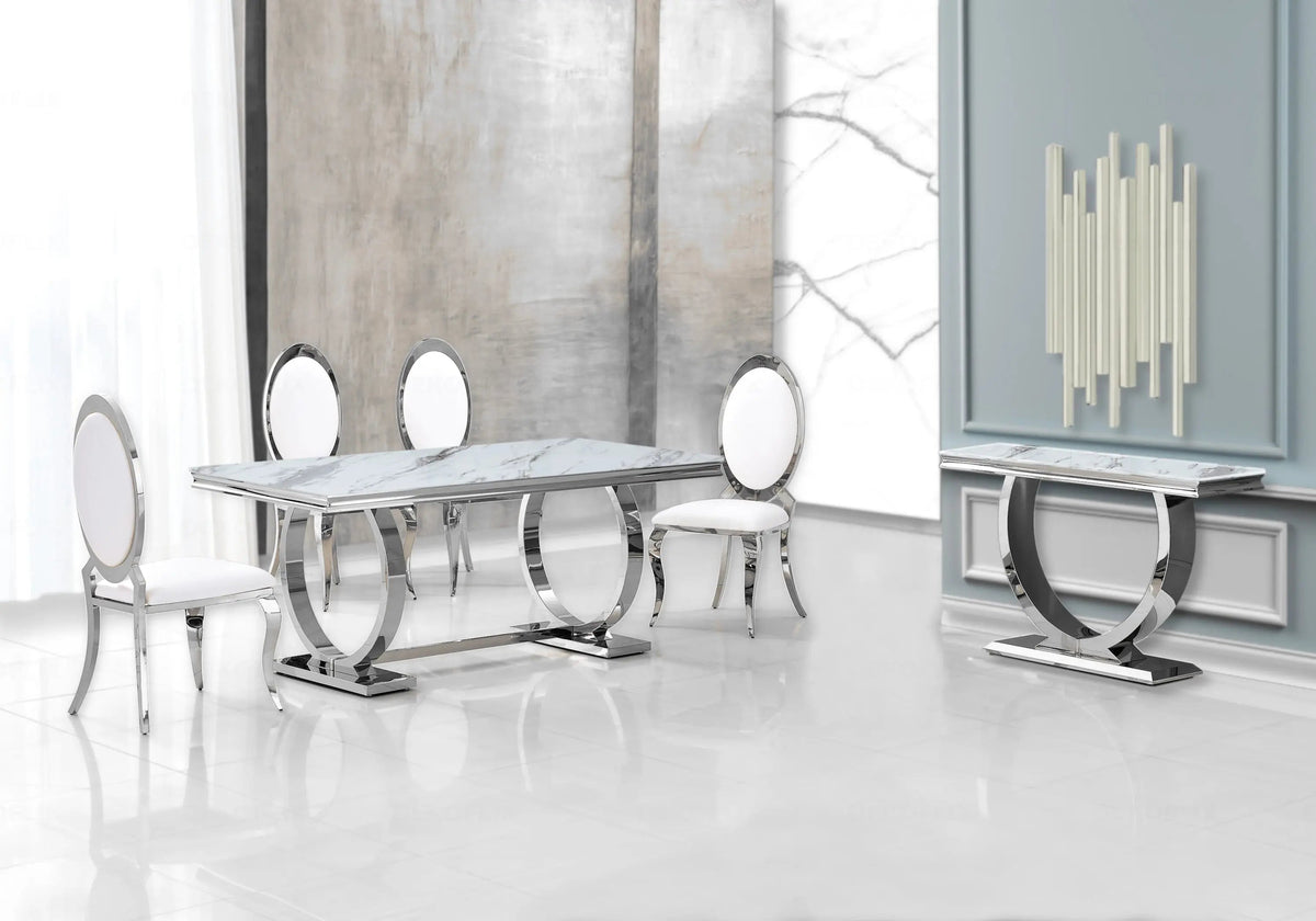 Table marbre blanc et 4 chaises médaillon argent | Zyra