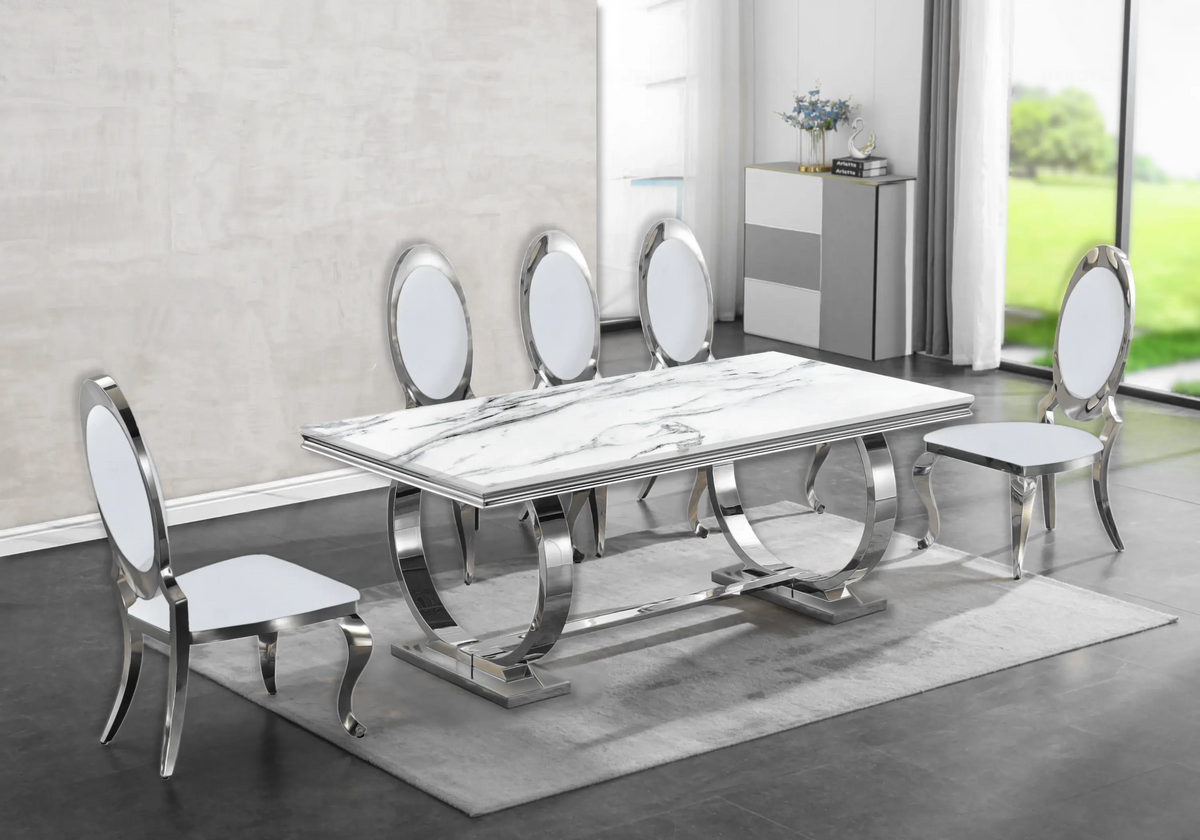 Table marbre blanc et 4 chaises médaillon argent | Zyra