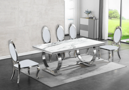 Table marbre blanc et 4 chaises médaillon argent | Zyra