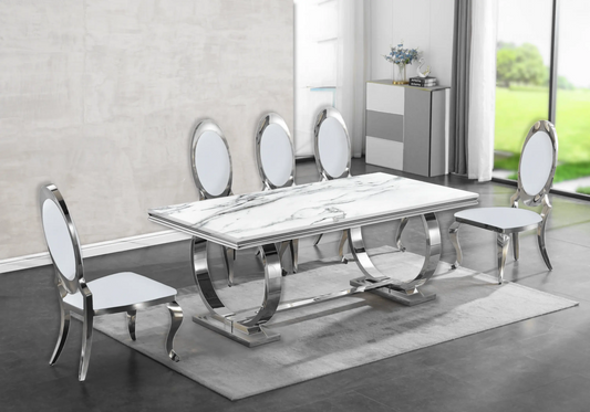 Table marbre blanc et 4 chaises médaillon argent | Zyra