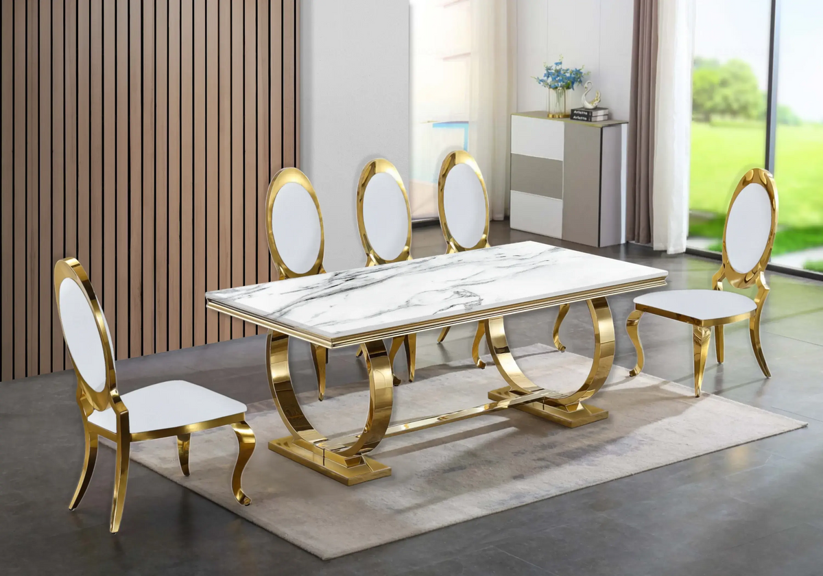 Table marbre blanc et 4 chaises médaillon doré | Zyra