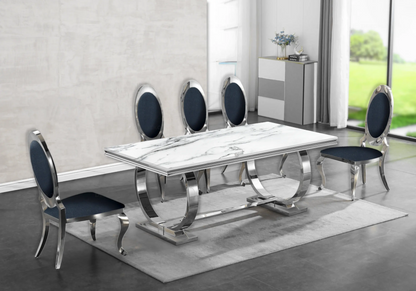 Table marbre blanc et 4 chaises médaillon argent | Zyra
