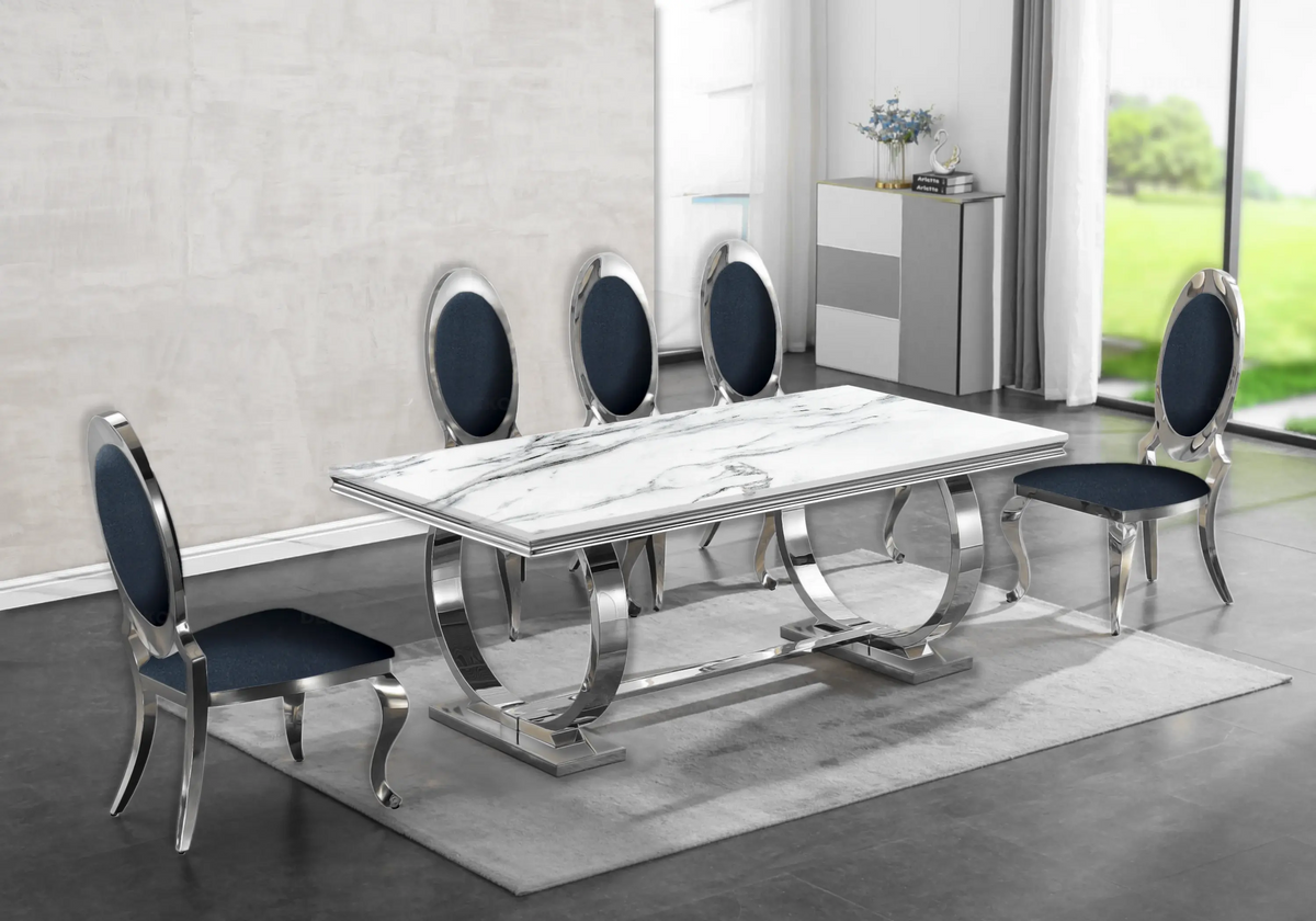 Salle à manger complète marbre blanc et argent | Zyra
