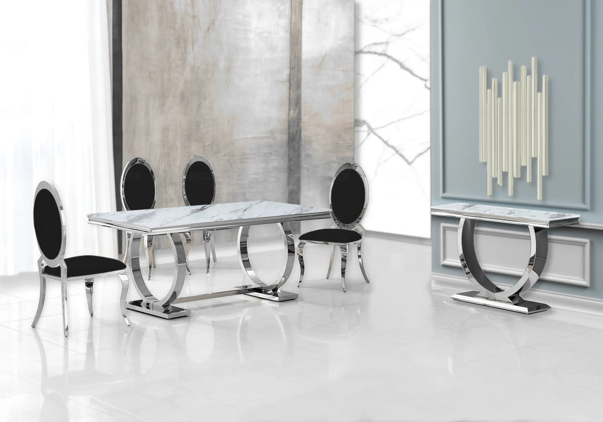 Salle à manger complète marbre blanc et argent | Zyra