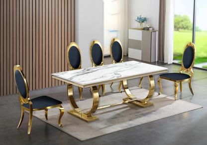 Table marbre blanc et 4 chaises médaillon doré | Zyra