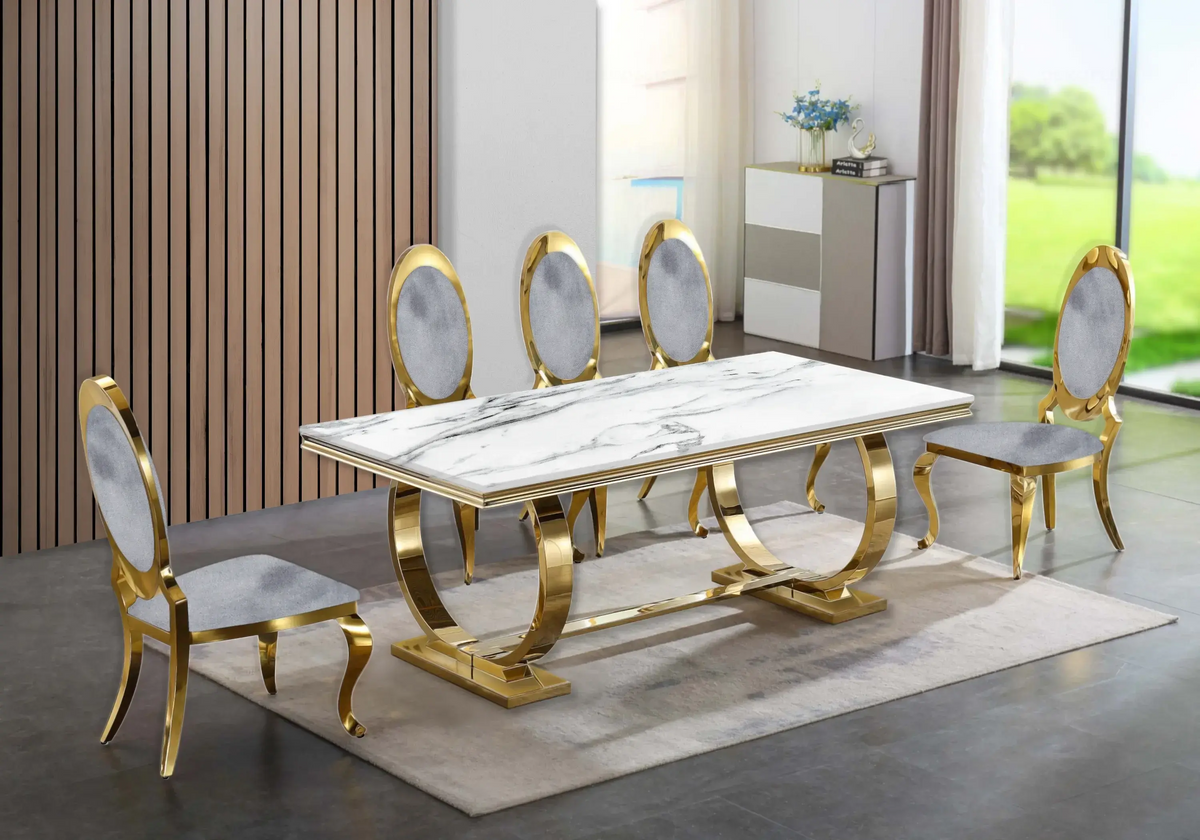 Table marbre blanc et 4 chaises médaillon doré | Zyra