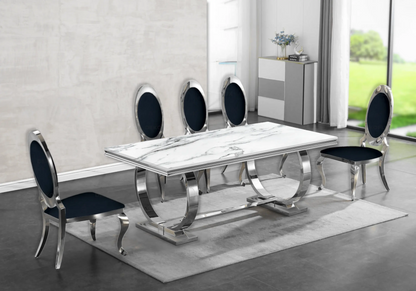 Table marbre blanc et 4 chaises médaillon argent | Zyra