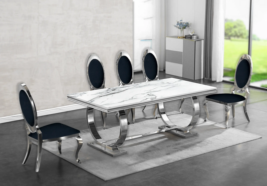Table marbre blanc et 4 chaises médaillon argent | Zyra