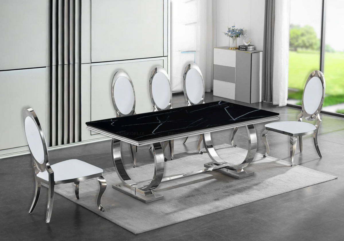 Table marbre noir et 4 chaises médaillon argent | Zyra