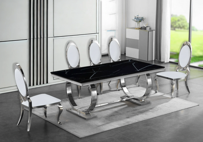 Table marbre noir et 4 chaises médaillon argent | Zyra