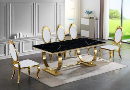 Table marbre noir et 4 chaises médaillon doré | Zyra