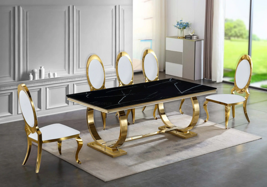 Table marbre noir et 4 chaises médaillon doré | Zyra