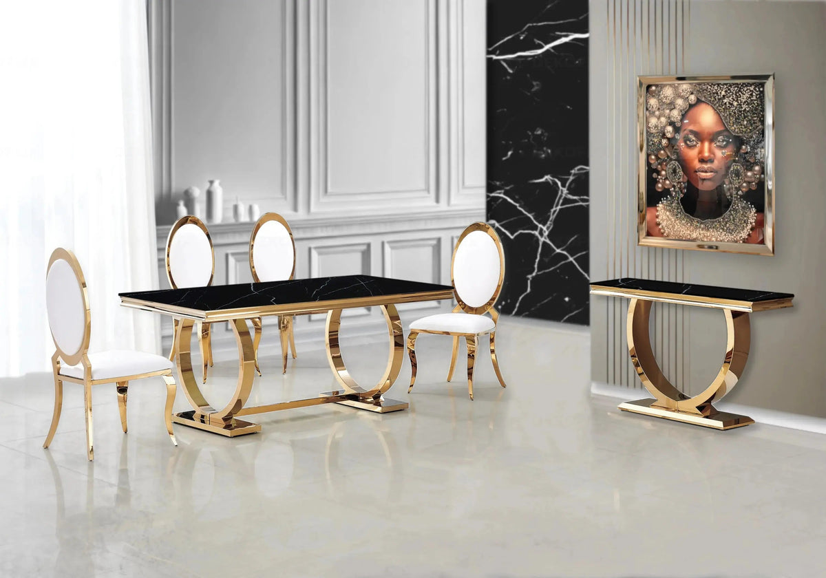 Table marbre noir et 4 chaises médaillon doré | Zyra