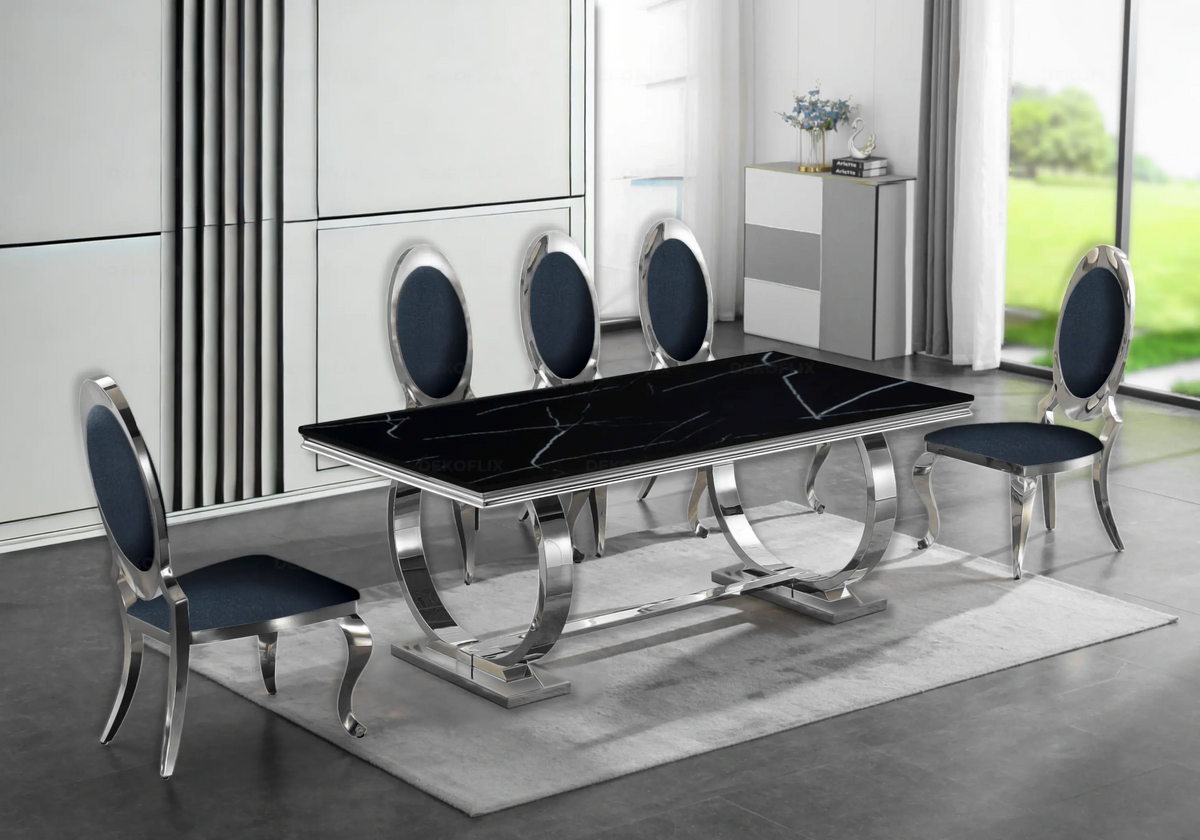 Table marbre noir et 4 chaises médaillon argent | Zyra