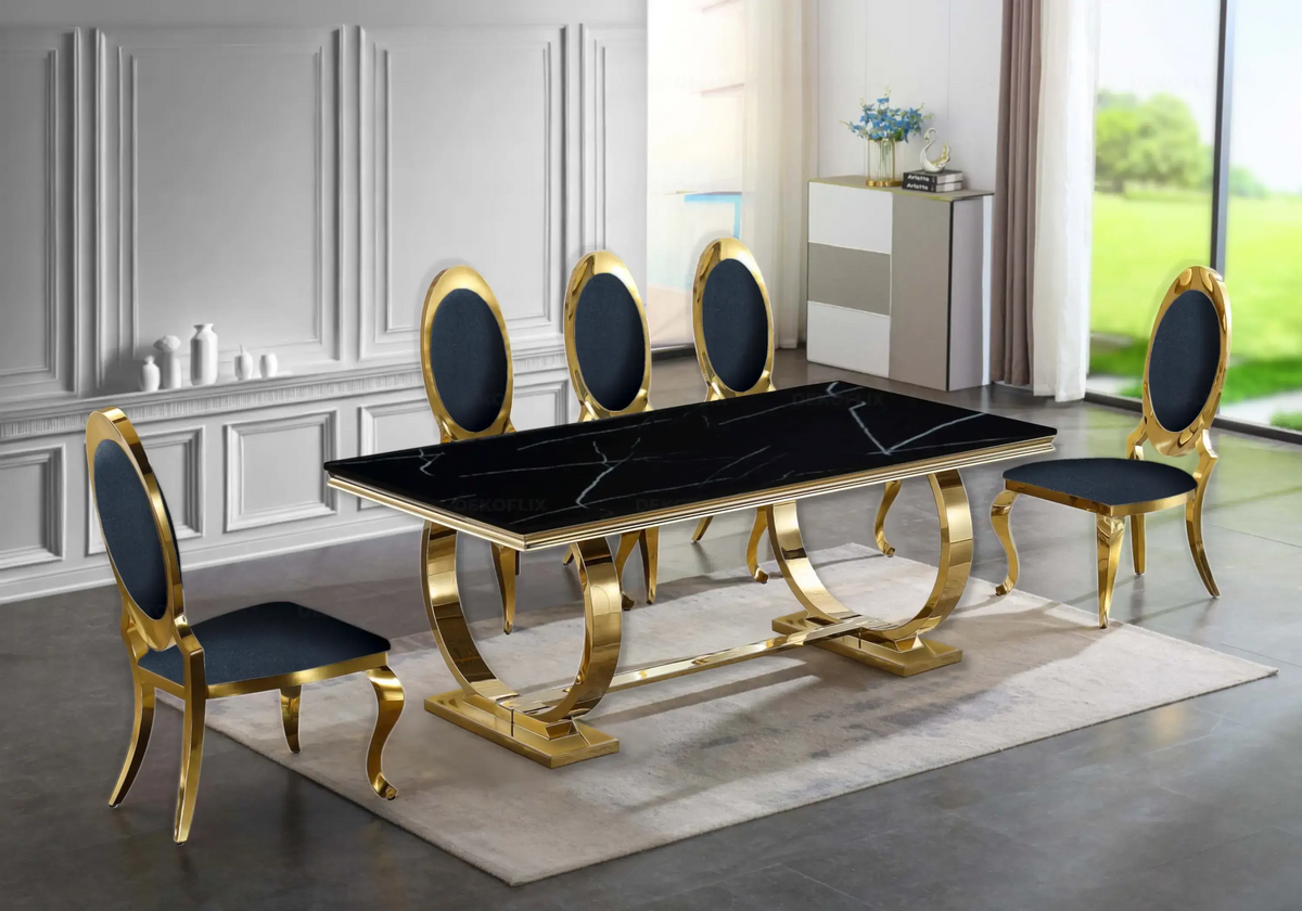 Table marbre noir et 4 chaises médaillon doré | Zyra