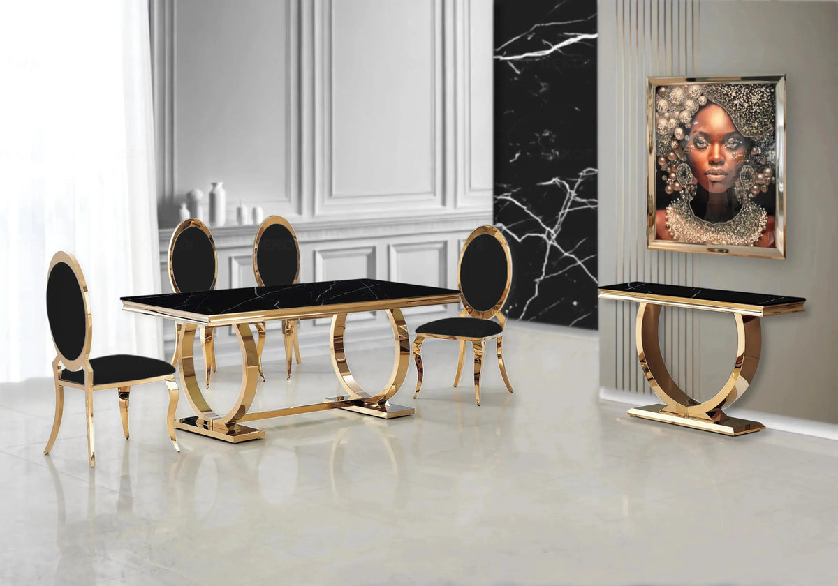 Salle à manger complète marbre noir et doré | Zyra