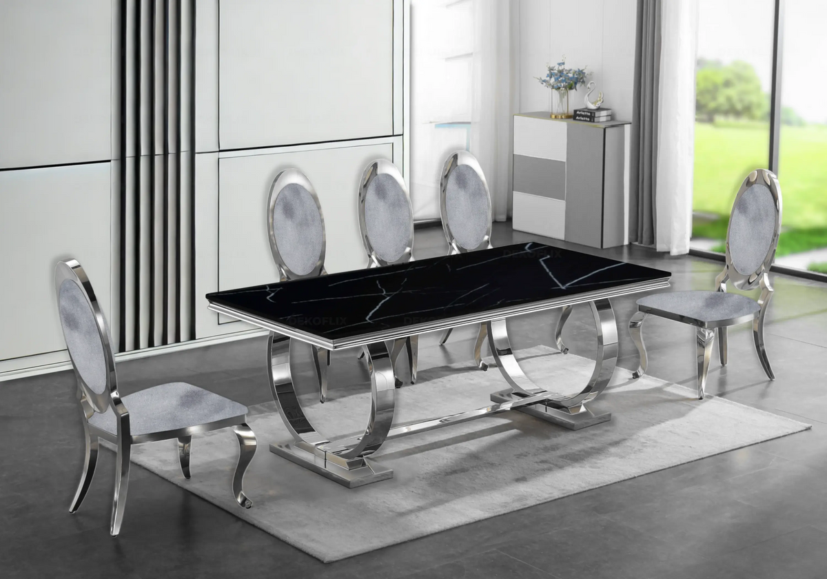 Table marbre noir et 4 chaises médaillon argent | Zyra