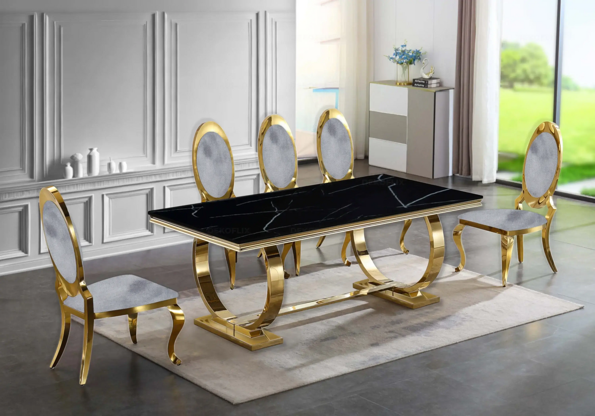 Table marbre noir et 4 chaises médaillon doré | Zyra