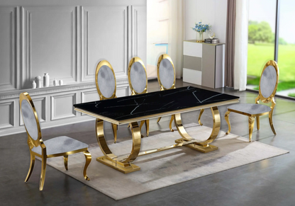 Table marbre noir et 4 chaises médaillon doré | Zyra