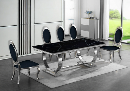 Table marbre noir et 4 chaises médaillon argent | Zyra