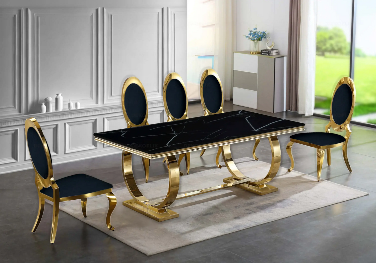 Table marbre noir et 4 chaises médaillon doré | Zyra