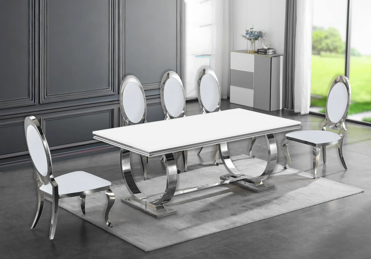 Table verre blanc et 4 chaises médaillon argent | Zyra